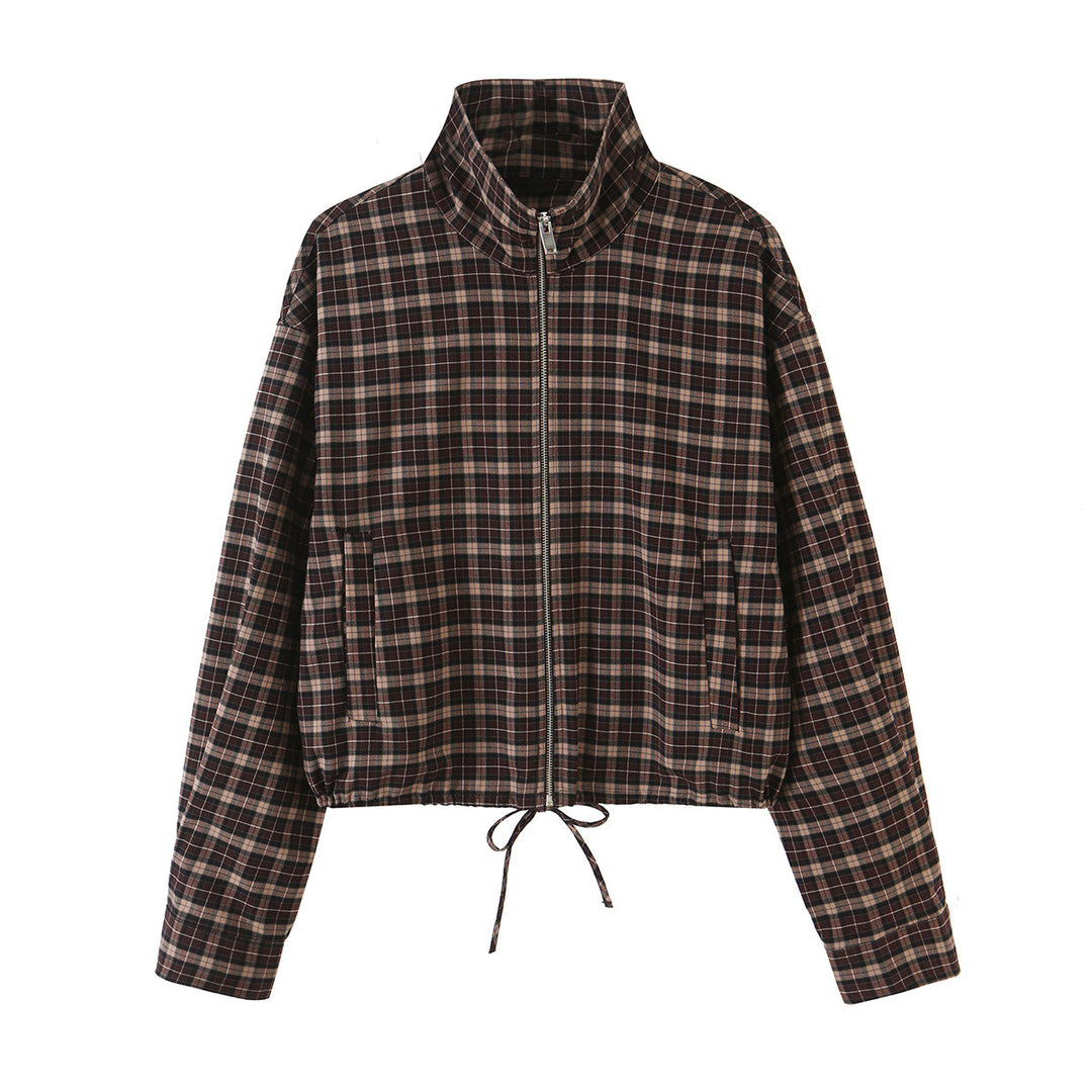 Women's Checkered Cropped Jacket with Stand-up Collar, Drawstring Hem and Pockets Amarae