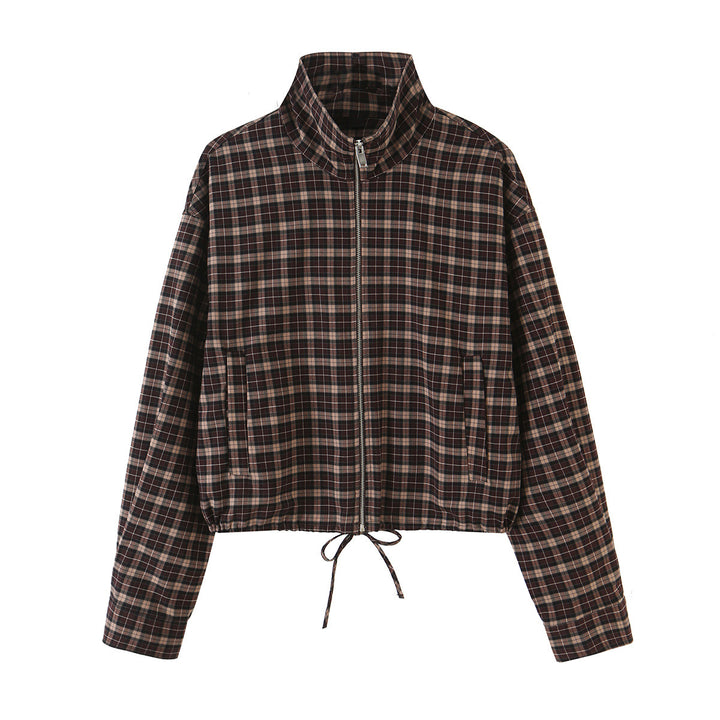 Women's Checkered Cropped Jacket with Stand-up Collar, Drawstring Hem and Pockets Amarae