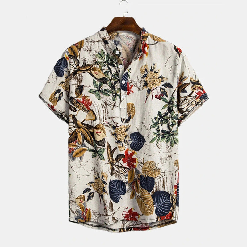 Men's short sleeve Henley shirt with floral design and high-quality cotton material Lune London