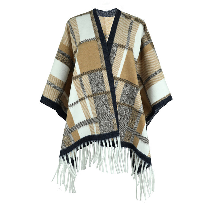 Elegant poncho for women with modern check pattern and fringes Lune London