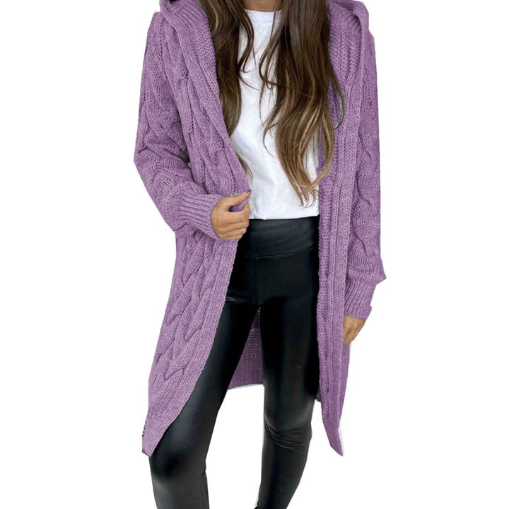 Ladies long cardigan with hood and cable knit pattern Lune London