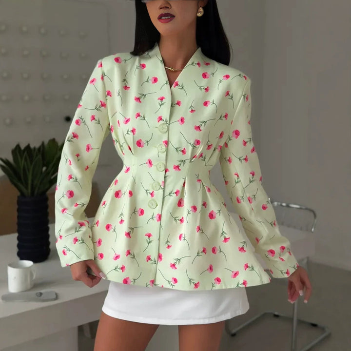 Women's fitted blazer with peplum, decorative buttons and floral pattern Amarae