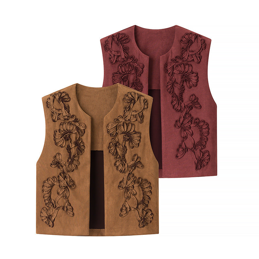 Ladies Embroidered Suede-Look Vest with Three-Dimensional Flower Appliqué Amarae