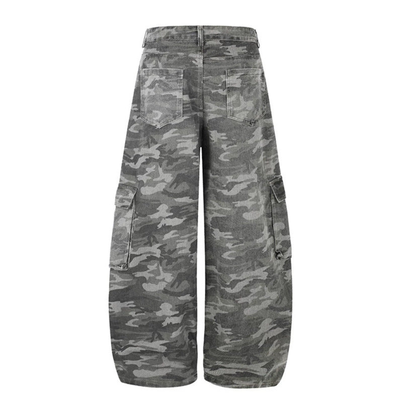 Women's Wide Cargo Pants in Camouflage Look with Applications and Multi-Pockets Amarae