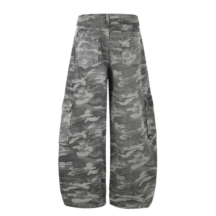 Women's Wide Cargo Pants in Camouflage Look with Applications and Multi-Pockets Amarae
