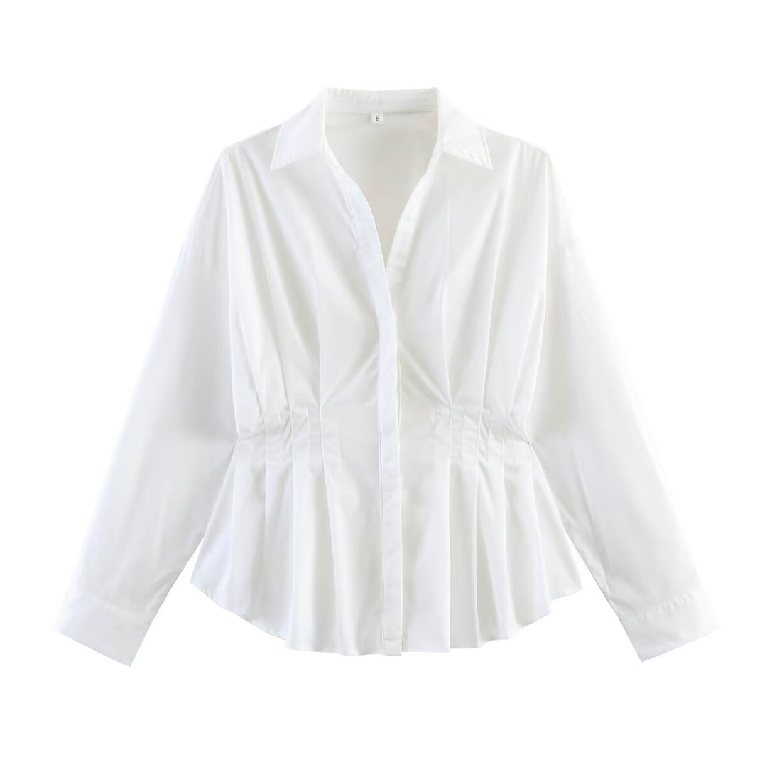 Ladies' blouse with tailored gathered insert and pleated peplum