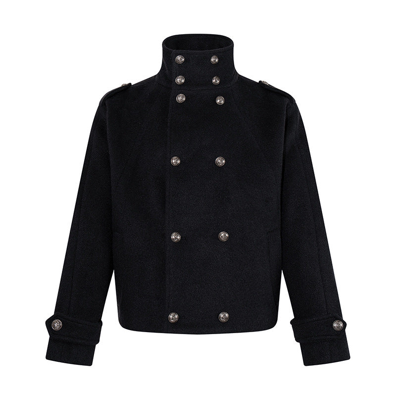 Women Short Double-Breasted Military Cab Jacket with Stand Collar and Epaulettes Amarae