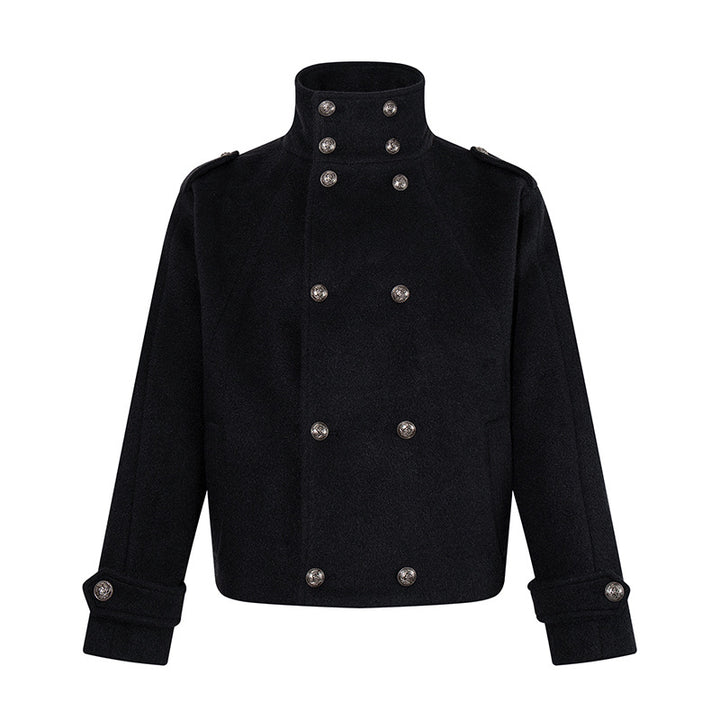 Women Short Double-Breasted Military Cab Jacket with Stand Collar and Epaulettes Amarae