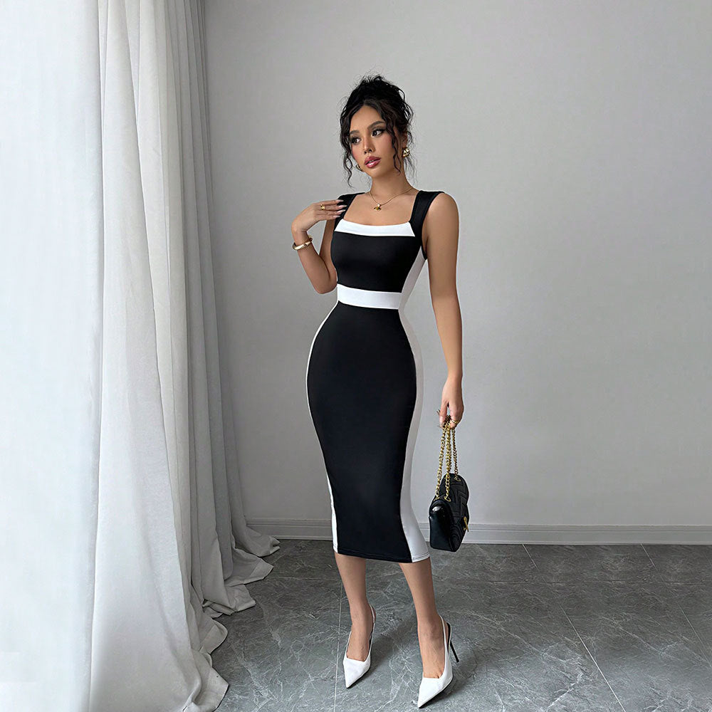Robe midi ajustée pour femmes avec une coupe contrastée à la mode et des bretelles fines Chic & Stil