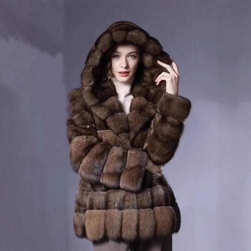 Luxury hooded coat for women in high-quality faux fur Amarae