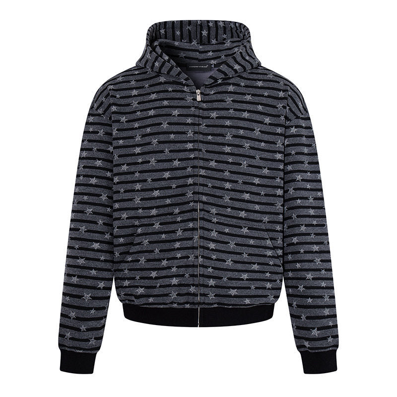 Women Casual Hooded Zip Jacket in Striped Jacquard with Star Structure Amarae