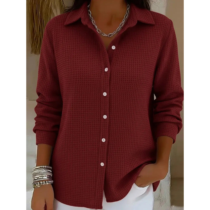 Women's Structured Shirt Blouse in Waffle Knit with Classic Collar and Continuous Button Placket Amarae