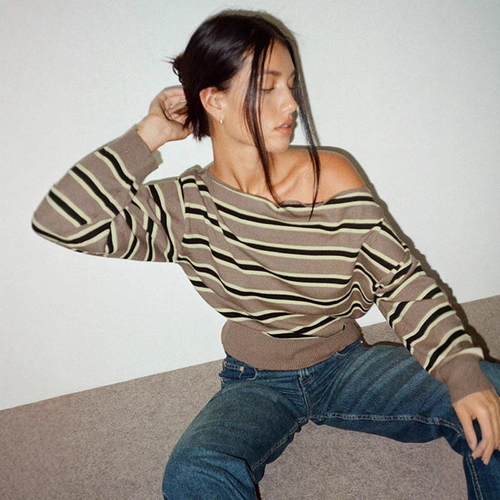 Women's fine knit boatneck pullover with asymmetrical shoulder drop, wide ribbed hem, and casual balloon sleeves Amarae