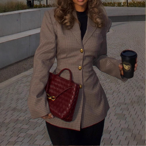 Elegant checked jacket for women with a fitted cut and gold buttons Amarae