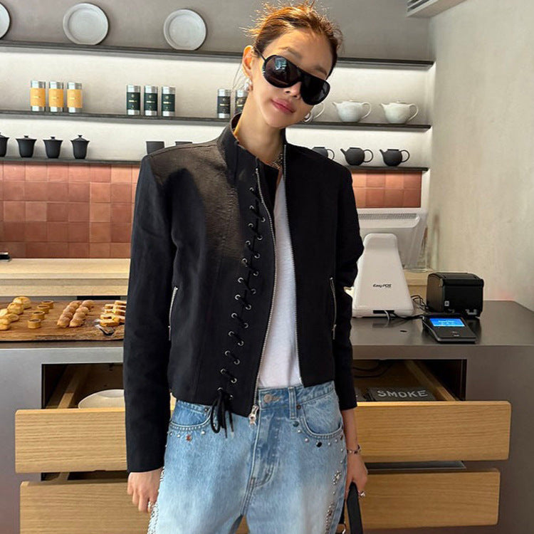 Women's Short Cut Lace-Up Biker Jacket with Asymmetrical Zipper Amarae