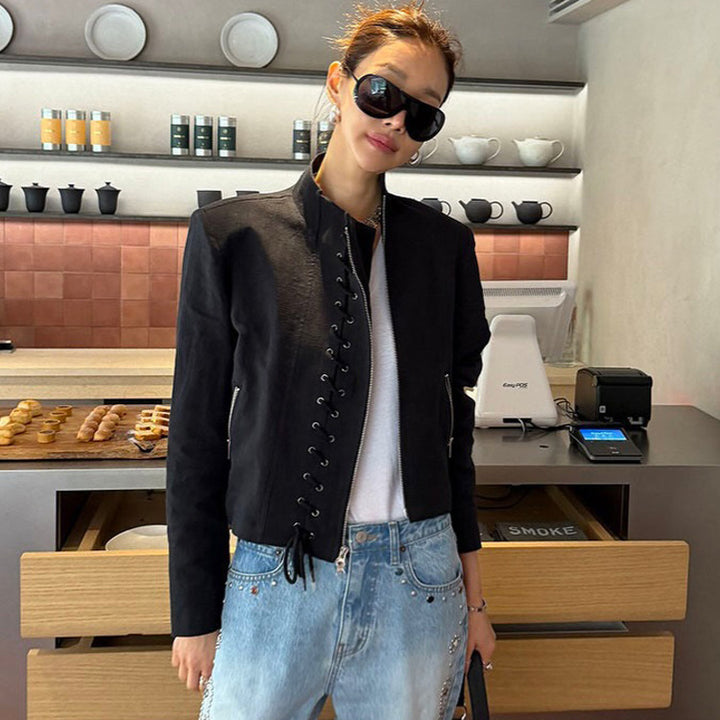 Women's Short Cut Lace-Up Biker Jacket with Asymmetrical Zipper Amarae