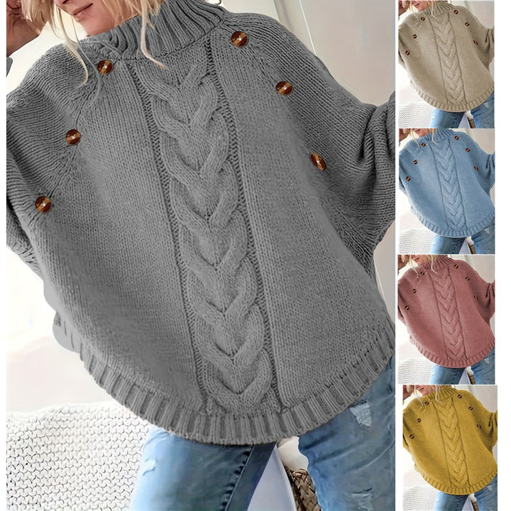 Chunky knit sweater for women with high neck and decorative buttons Lune London