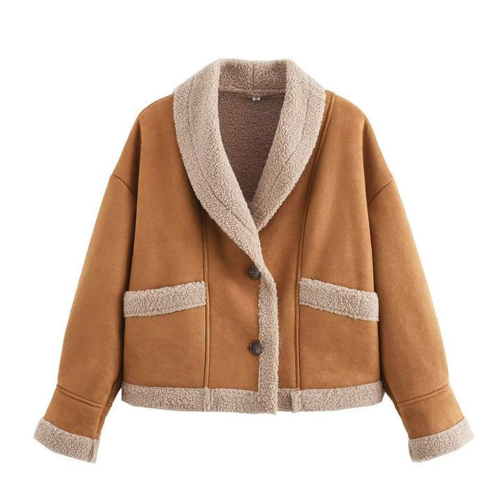 Ladies oversized cozy jacket with sheepskin collar and large pockets Lune London