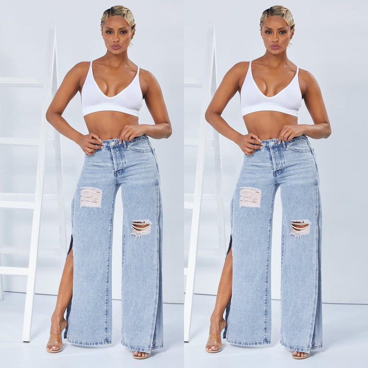 Ladies wide high-waist jeans with side leg slits, destroyed knee, and shaping waistband Amarae