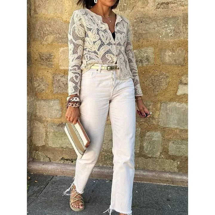 Women's Crochet Cardigan with Floral Openwork Pattern, Button Placket & Wavy Hem Amarae