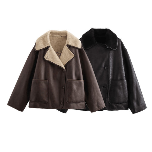 Faux leather jacket for women with soft collar and practical pockets Amarae