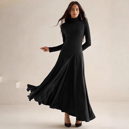 Ladies Elegant Maxi Dress with Long Sleeves, High Collar and Chic Flowing Skirt