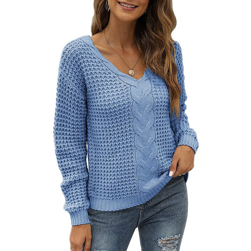 Casual knit pullover for women with deep V neckline and detailed cable pattern Amarae