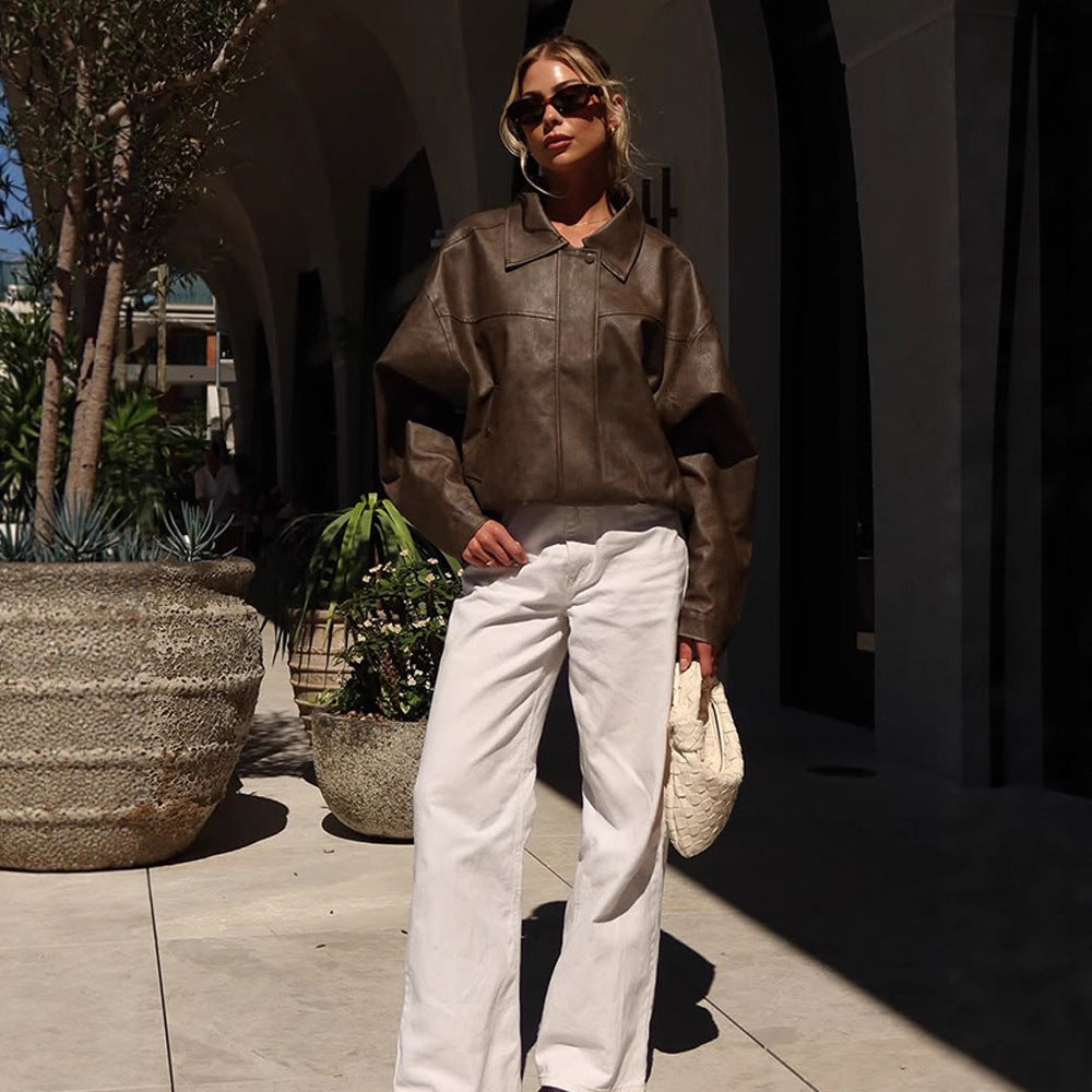 Women Boxy Cropped Faux Leather Blouson with Oversized Shoulder Amarae