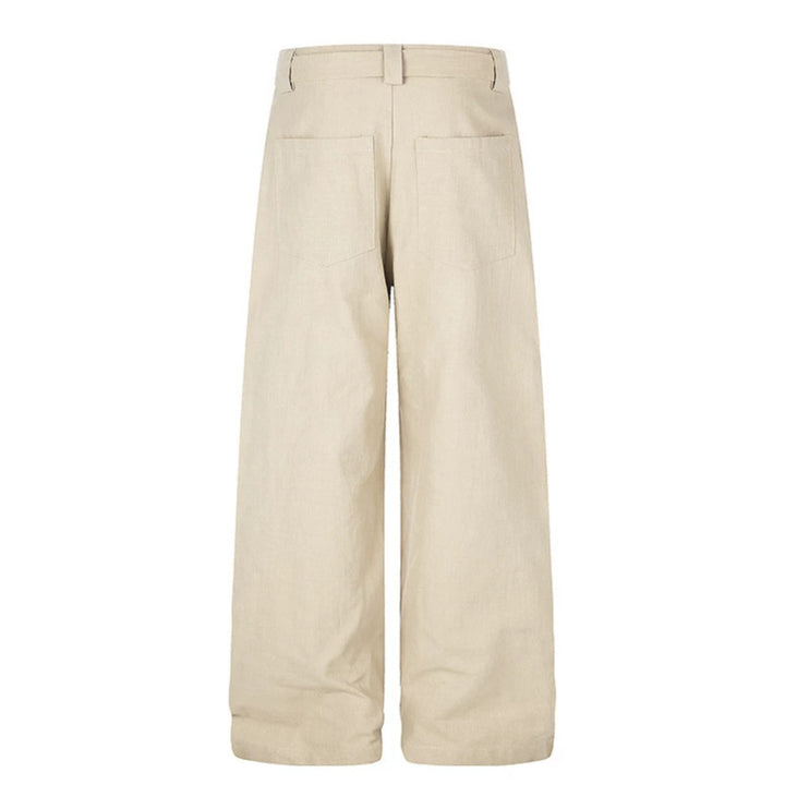 Women's High-Cut Linen Wide-Leg Trousers with Button Placket, Ties and Pleats