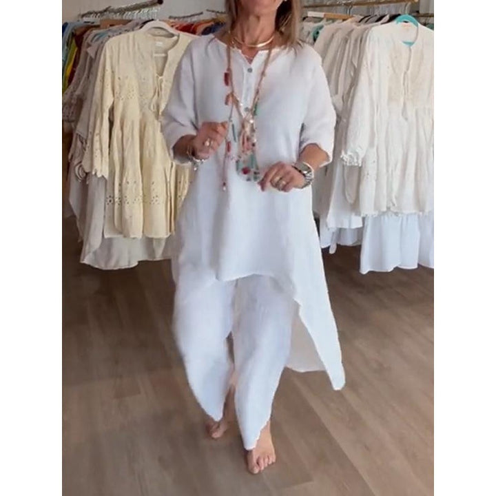 Women's Midi-Length Linen Tunic Set with Asymmetric Hem and Wide Palazzo Pants Amarae