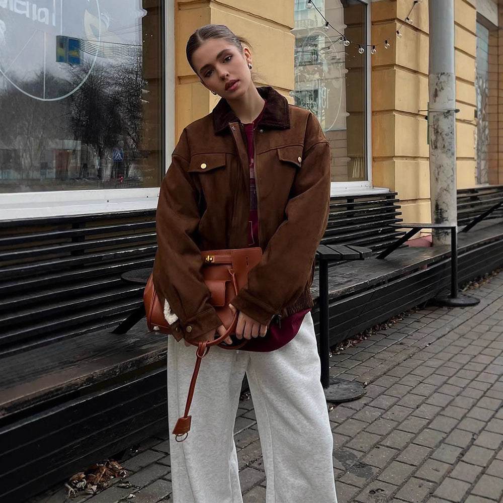 Women's Boxy Suede Blouson Jacket with Cord Collar and Teddy Lining Amarae
