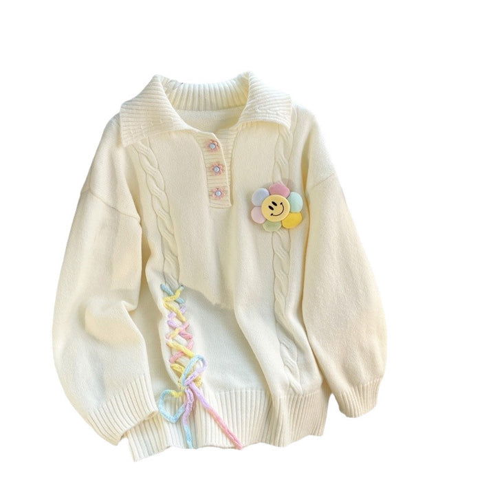 Chunky knit sweater for women with colorful applications and a ribbed structured neckline Lune London