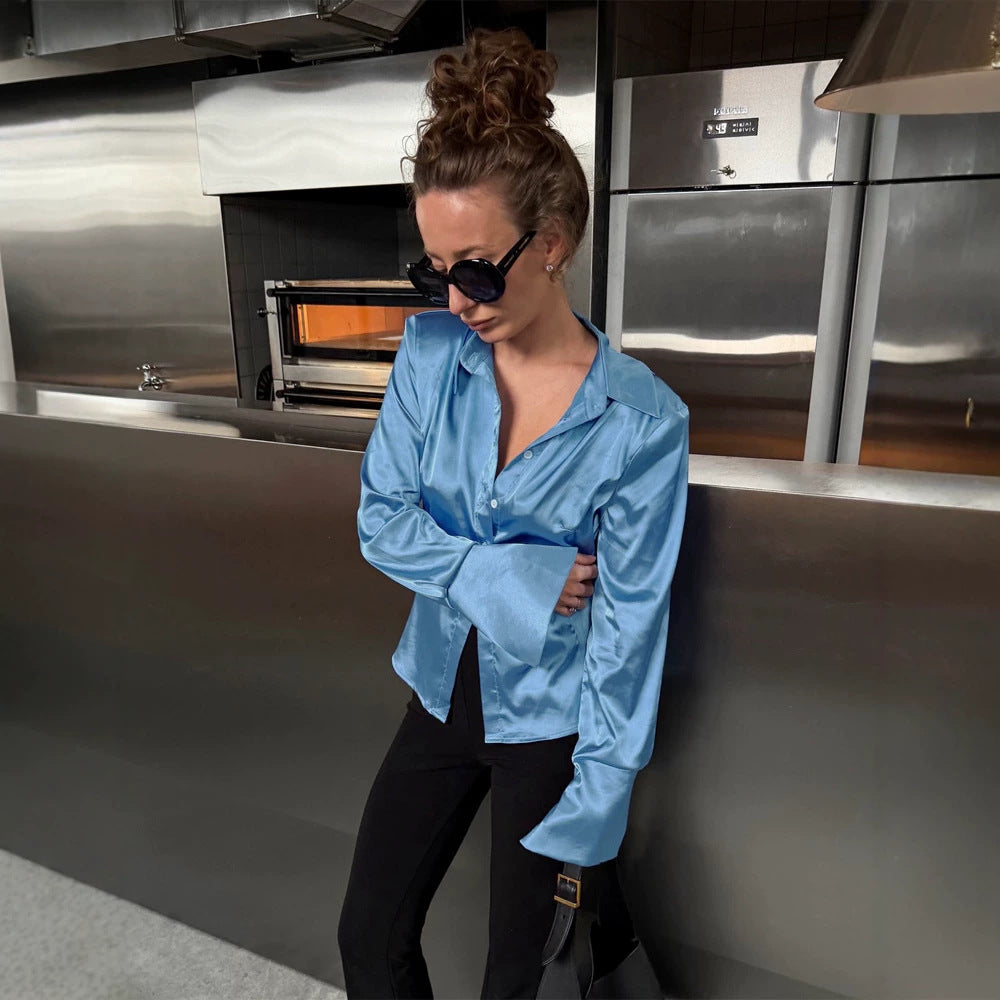 Women's Satin Shirt with Wide Collar, Extra Wide Cuffs & Relaxed Fit Amarae