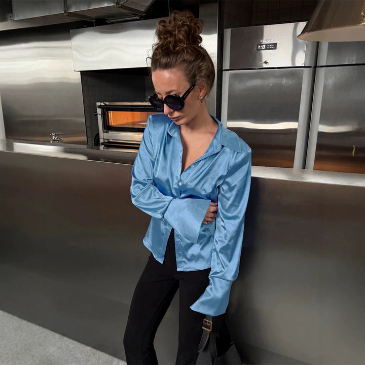 Women's Satin Shirt with Wide Collar, Extra Wide Cuffs & Relaxed Fit Amarae