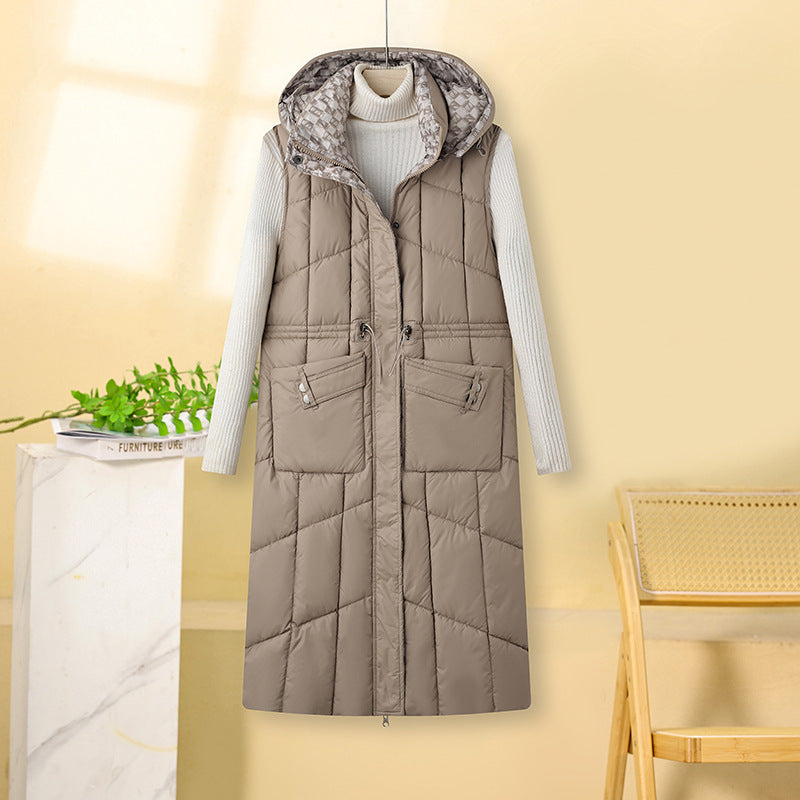Ladies long quilted gilet with hood and practical drawstring Lune London