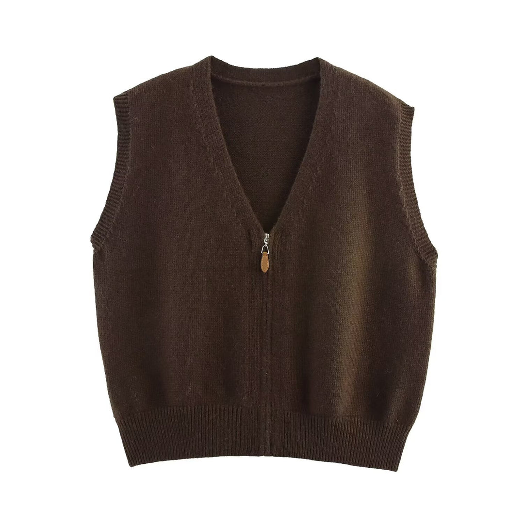 Women's knitted vest with full-length zipper and V-neck Amarae