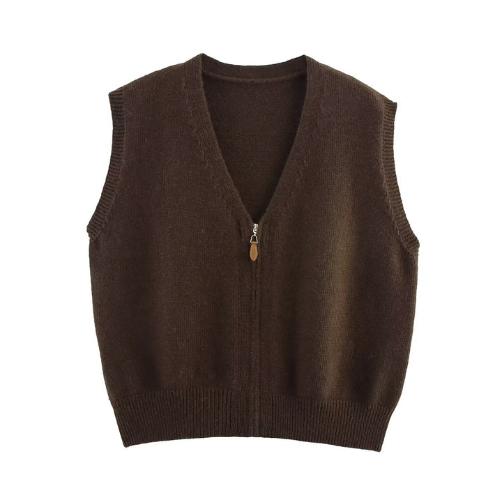 Women's knitted vest with full-length zipper and V-neck Amarae