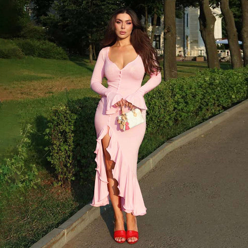 Elegant maxi dresses for women with ruffles and button placket Amarae