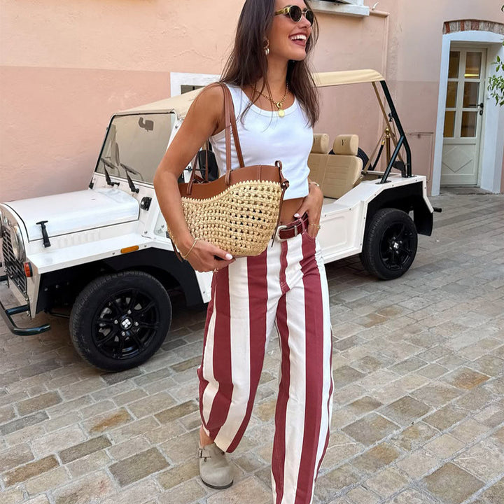 Women's High-Waisted Striped Linen Look Wide-Leg Casual Pants with Belt Loops Amarae