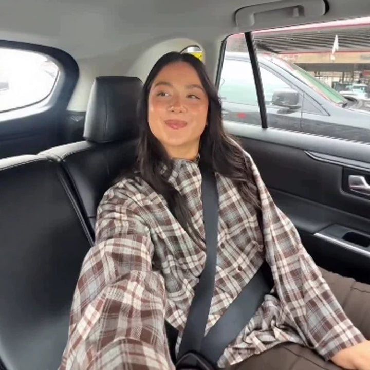 Women's Oversized Flannel Shirt with Check Pattern, Patch Chest Pocket and Rounded Hem Amarae
