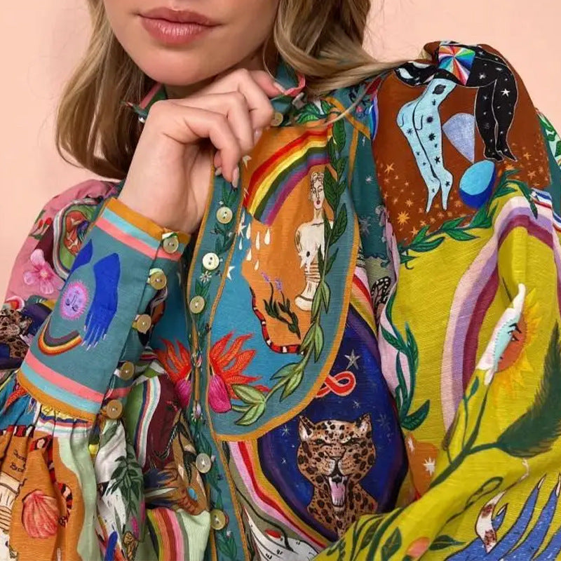 Robe midi ludique pour femmes avec motif animal et floral coloré et manches larges Chic & Stil
