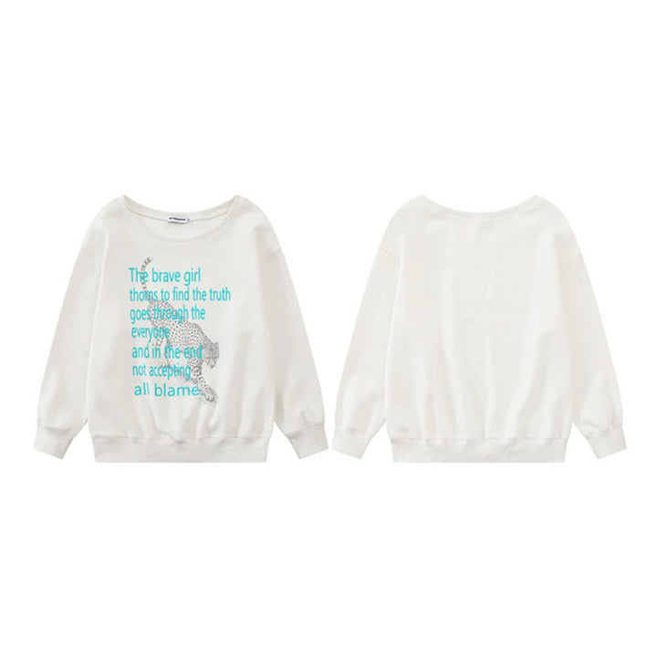 Women's oversized sweatshirt with round neck, typographic statement, and leopard illustration Amarae