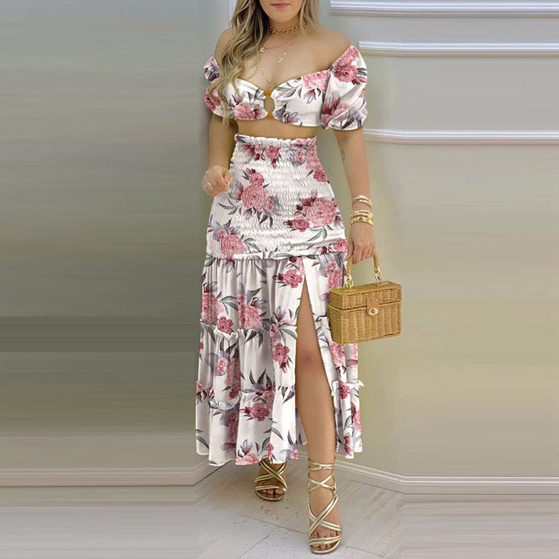 Robe d'été deux pièces pour femmes en tissu froissé avec manches bouffantes et fente haute Chic & Stil
