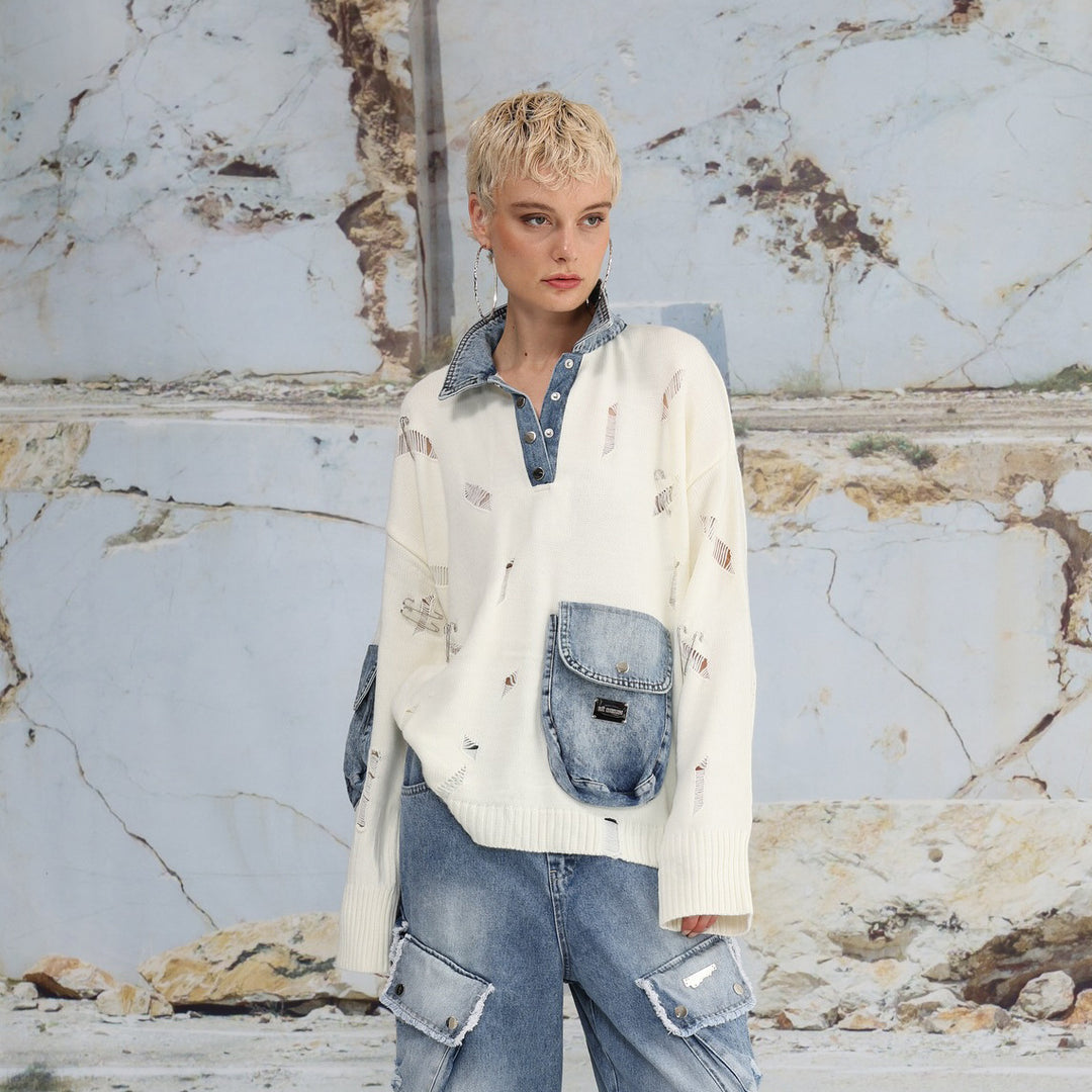 Ladies Urban Oversized Sweater with Chic Denim Details and Style
