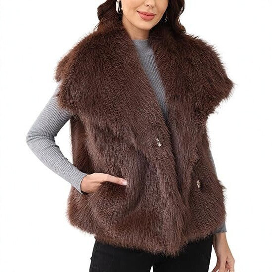 Ladies sleeveless long-pile faux fur vest with voluminous shawl collar Amarae