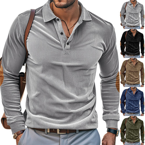Casual long sleeve Henley T-shirt for men in textured ribbed fabric with contrasting elbow patches Amarae