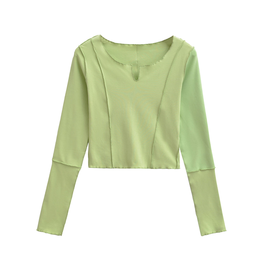 Women's Short Sleeve Long Sleeve Shirt with Visible Rolled Seams and Slit Collar Amarae