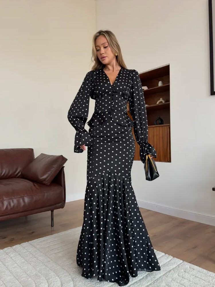 Women's Two-Piece Satin Set with Fitted Button Top and Mermaid Skirt Amarae