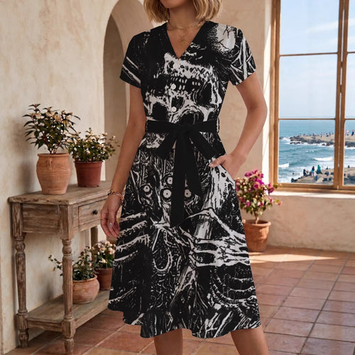 Women's Blooming Midi Dress with Adjustable Belt and Artistic Print Amarae