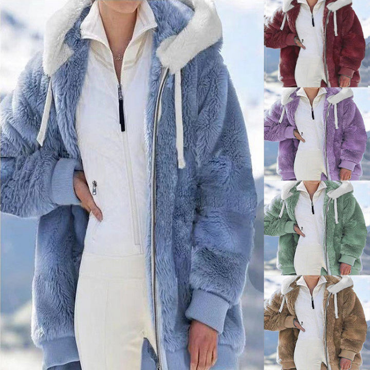 Women's Oversized Sherpa Zip Jacket with Contrast Collar, Ribbed Cuffs, and Drawstring Amarae